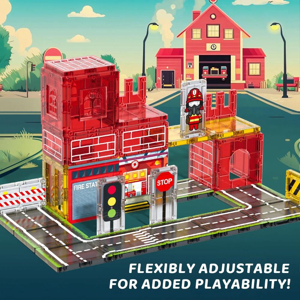 Magnetic Building Blocks Firefighting Theme Magnet Tiles with Fire Truck & Station Kids Montessori STEM Educational Sensory Toys