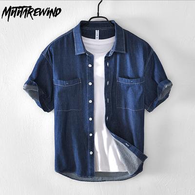Chemises en jean à manches courtes pour hommes, style simple, ample, col rabattu, 100 coton, avec doubles poches