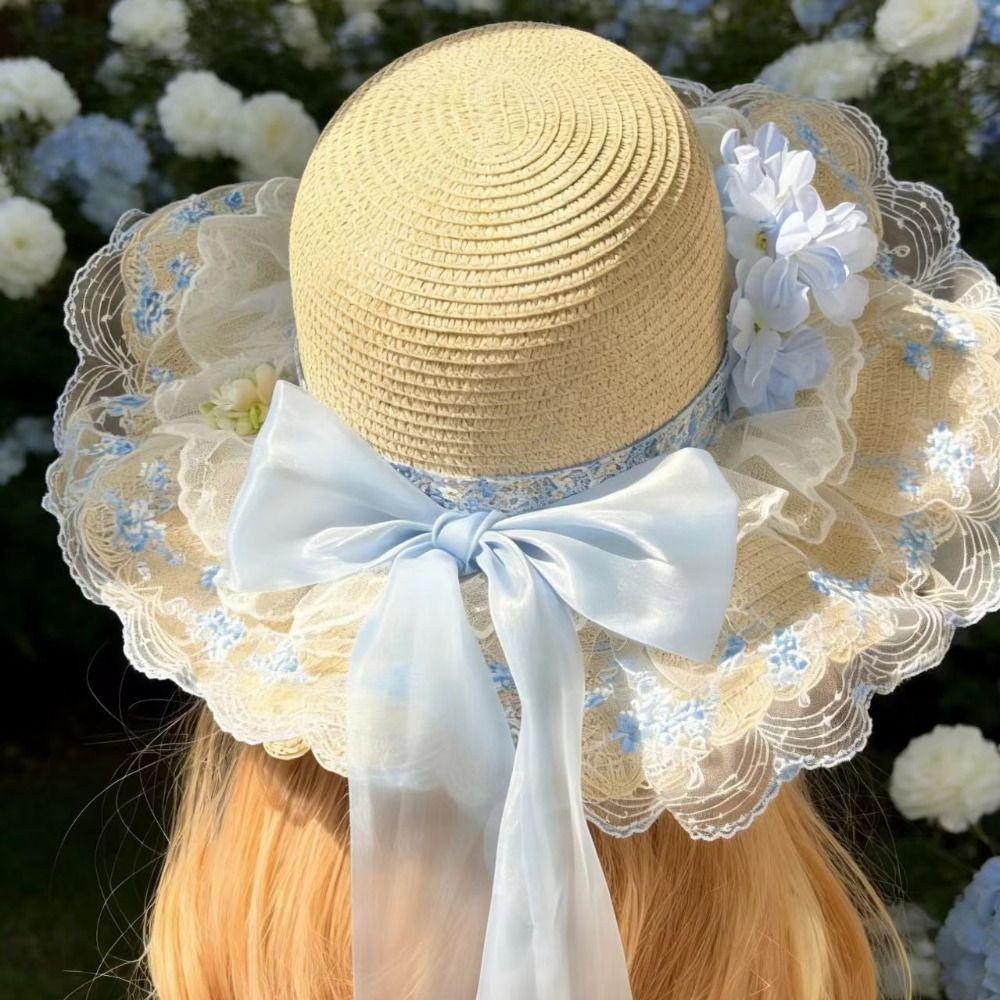 Floral Design Woman's Straw Hat Elegant Sun Protection Cap Lace Brim Sunshade Cap Casual Wear