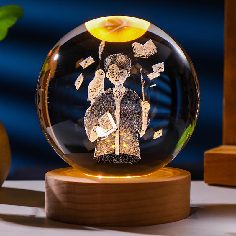 Flickering Crystal Ball Night Light with Engraved Solid Wood Base - Perfect as a Birthday Gift or Creative Graduation Ornament.