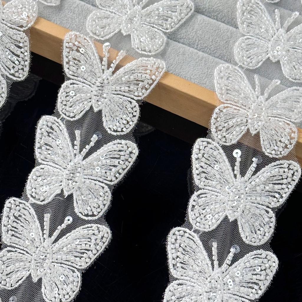 White Butterfly Embroidery Hollow Bead Sequins Barcode Wedding Accessories Diy Headgear Dress Decorative Lace