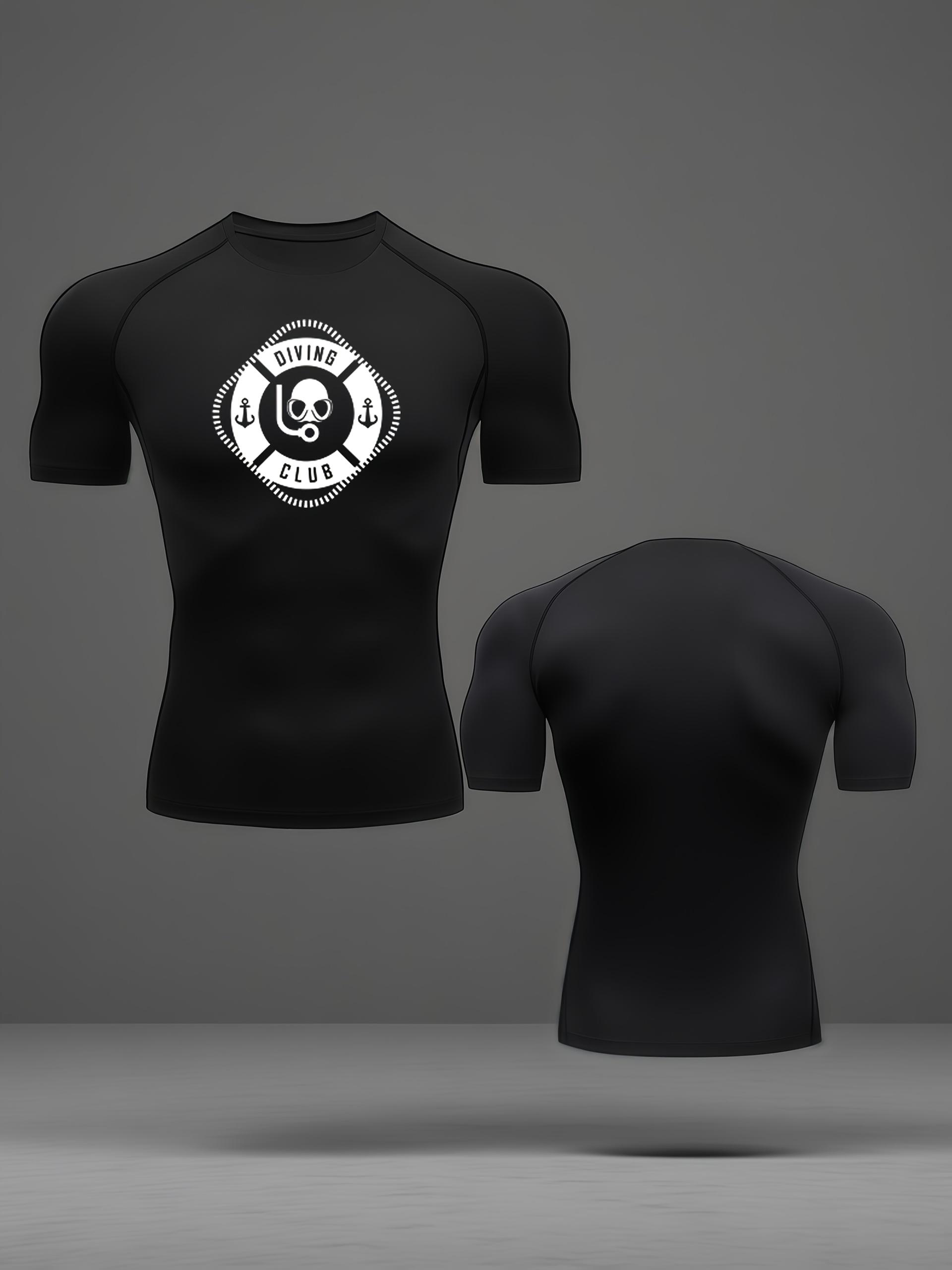 Men s White Compression T-Shirt with Diving Club Logo Print, Elastic Quick Drying Breathable Diving & Water Sports Training Top S