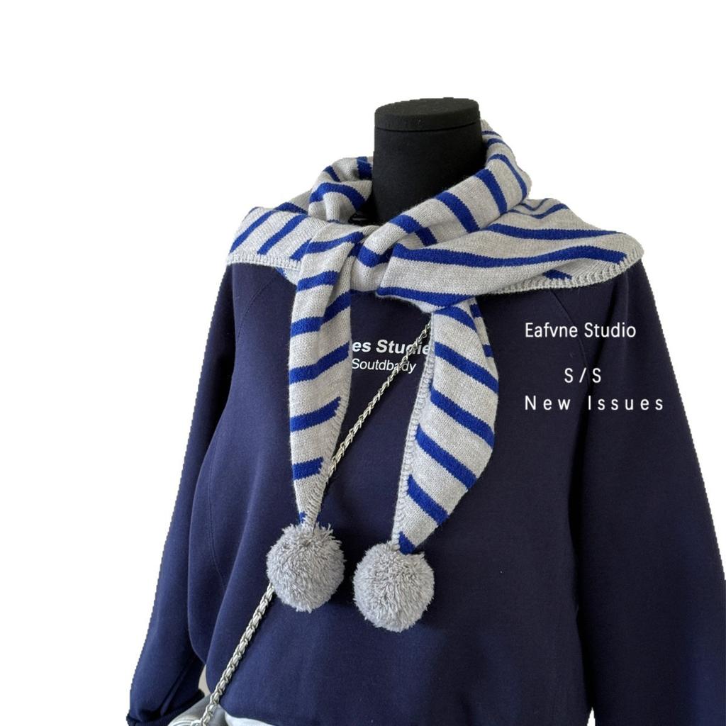 A Retro Hong Kong style Knitted Striped Pom pom with A Vintage Triangular Scarf Over It A Warm Autumn and Winter Decorative Shawl Scarf for Women