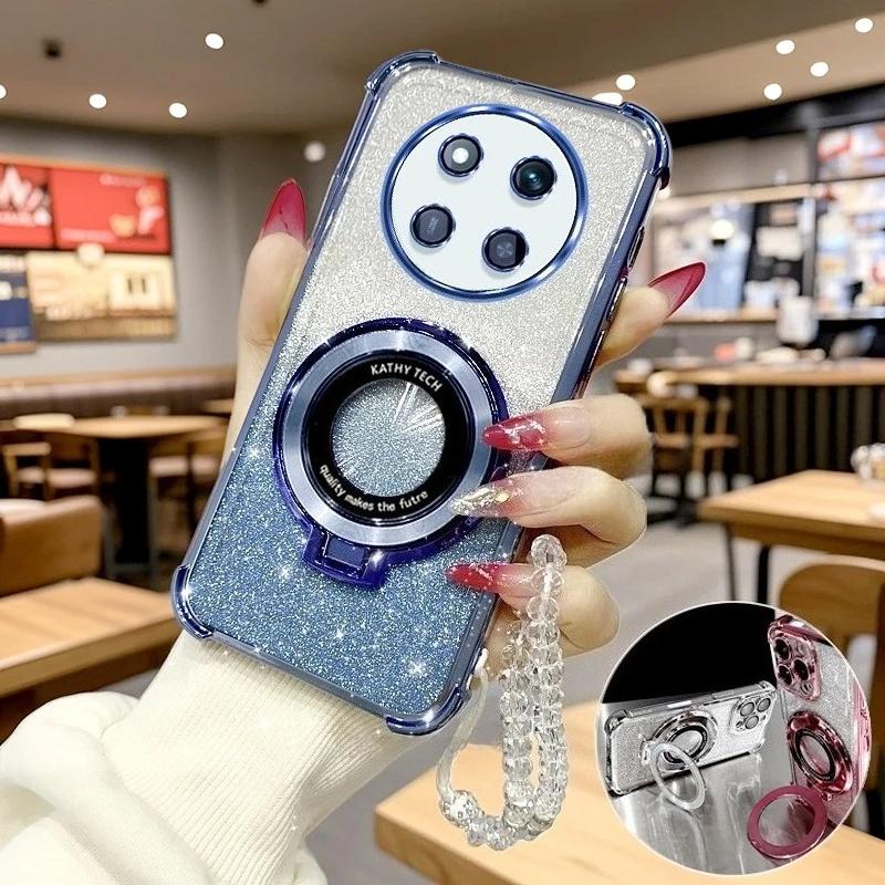 Magic7lite Clear Chain Luxury Ring Holder Plating Silicone Case on For Huawei Honor Magic 7 6 5 Magic7 Lite X9c Shockproof Cover