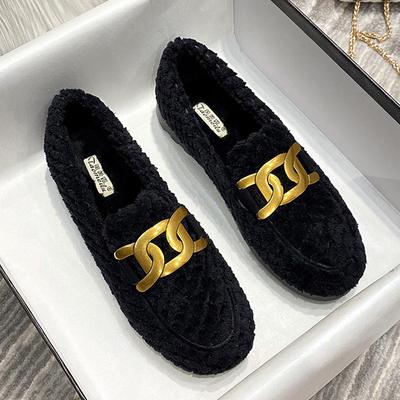 Fashion 2025 Thicken Plush Fur Flats Women Luxury Chains Lambswool Loafers Tweed Shoes Ladies Winter Warm Cotton Wool Mocasines Femmes