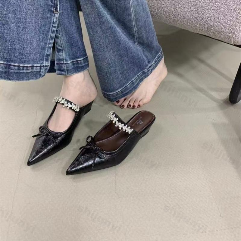 Fashion Women's High-heel Slippers Fashion Non Slip Silver Bowtie Mary Jane Female Pointed Toe Retro Gladiator Soft-soled 2025 Slippers