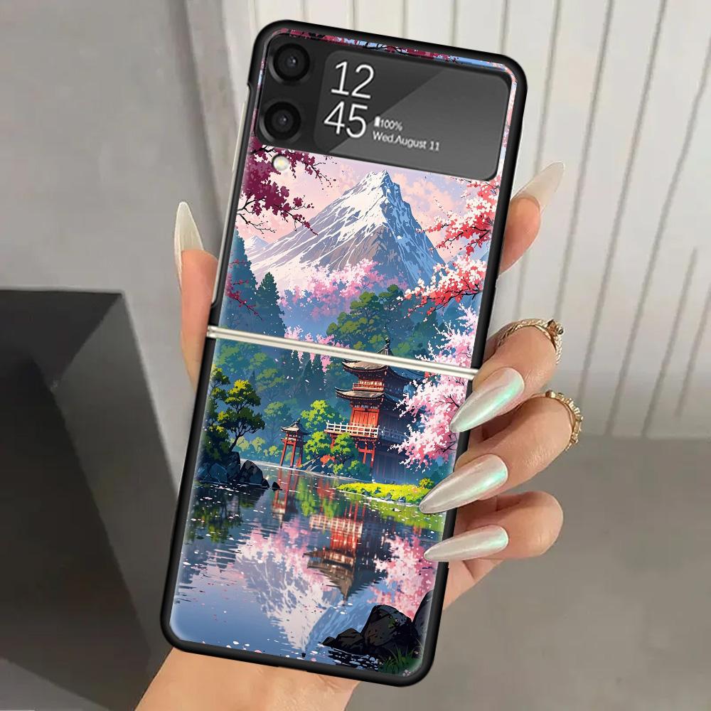 Japanese Cherry Mount Fuji Hard PC Phone Case For Samsung Galaxy Z Flip 7 6 5 4 3 Black ZFlip7 ZFlip6 Flip5 Flip4 Flip3 5G Print