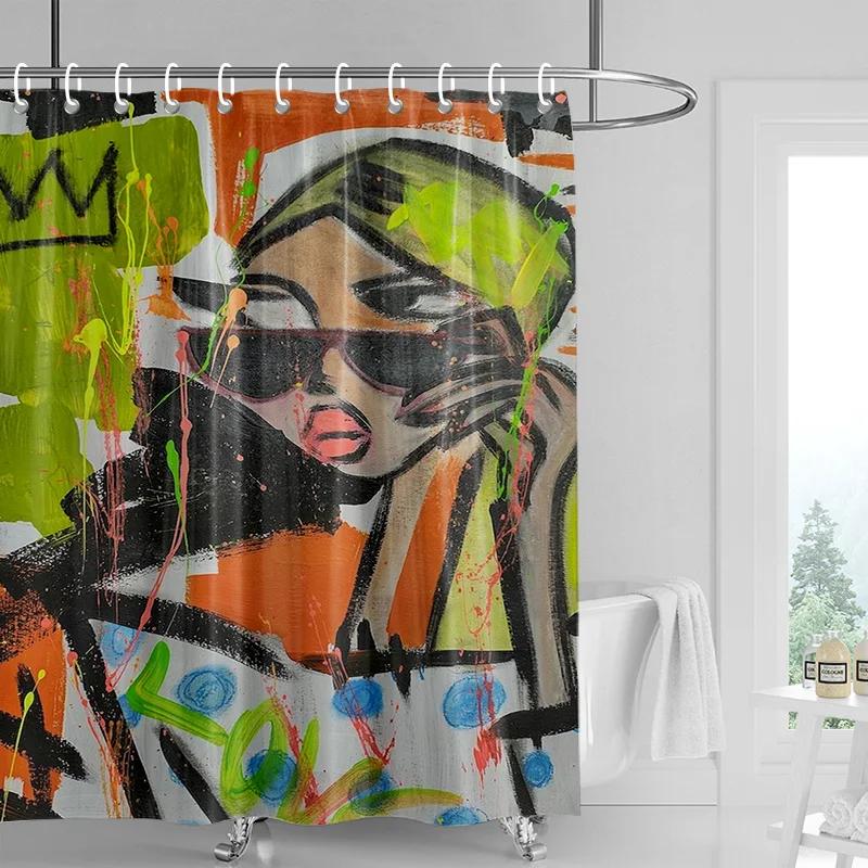 Bold Pop Art Shower Curtain - Sunglasses Lady with Colorful Splatter, Waterproof with Grommets, Modern Bathroom Decor