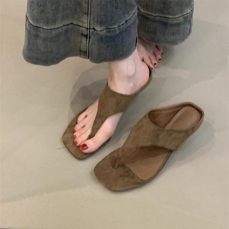 Leather outer wear retro high heels women's head open-toed sandals simple temperament thin heels flip-flops shoes