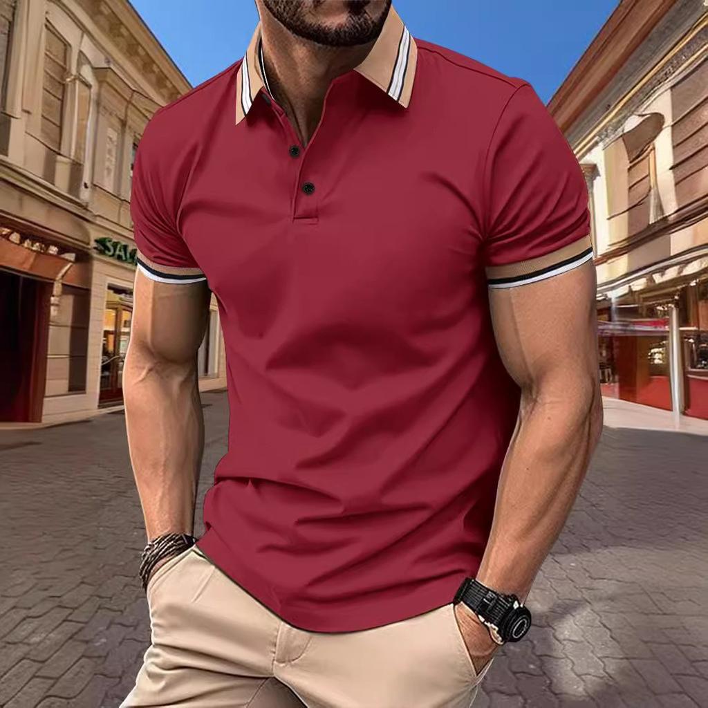 Men's Casual Short‑Sleeve Polo Shirt Striped Collar Slim Fit Daily Tops