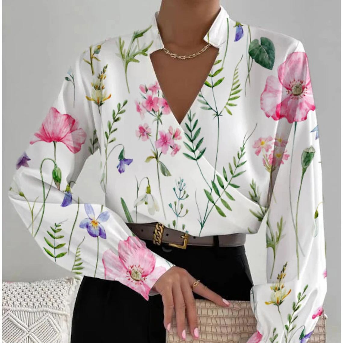 

YYFS женские модные повседневные весенне-осенние блузки и рубашки с v-образным вырезом и длинными рукавами с цветочным узором и принтом S