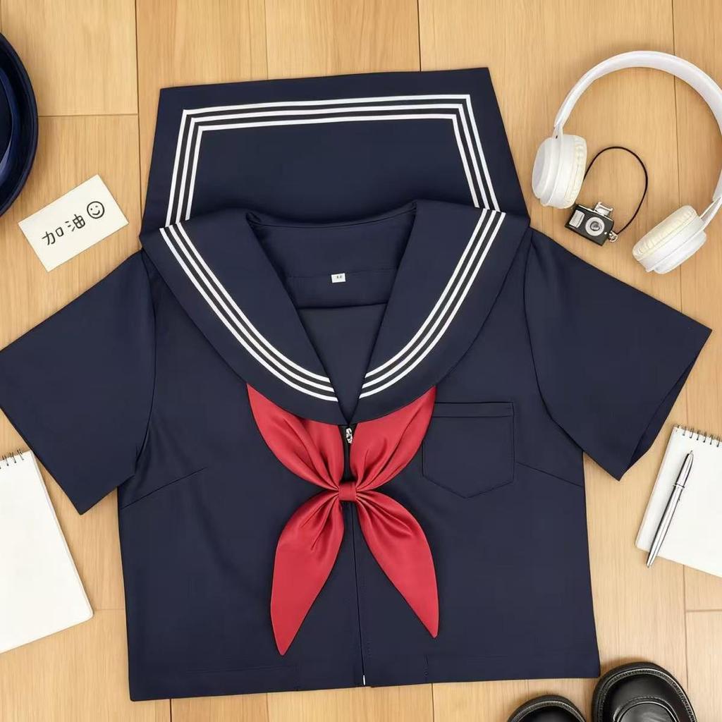 Dark Navy Japanese JK Uniform Skirt - Three-Line, Solid, Mid-Length, Pleated Sailor Suit for Students