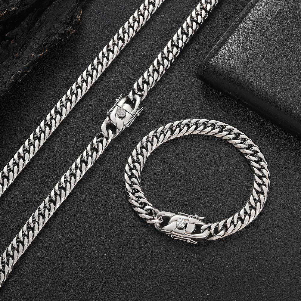 7mm 9mm Hip Hop Gold Plated Jewelry Wholesale Stainless Steel Cuban Chain Gold Necklace Bracelet 18K Gold Plated Chain 16inches(40.64cm)&7cm width серебряный