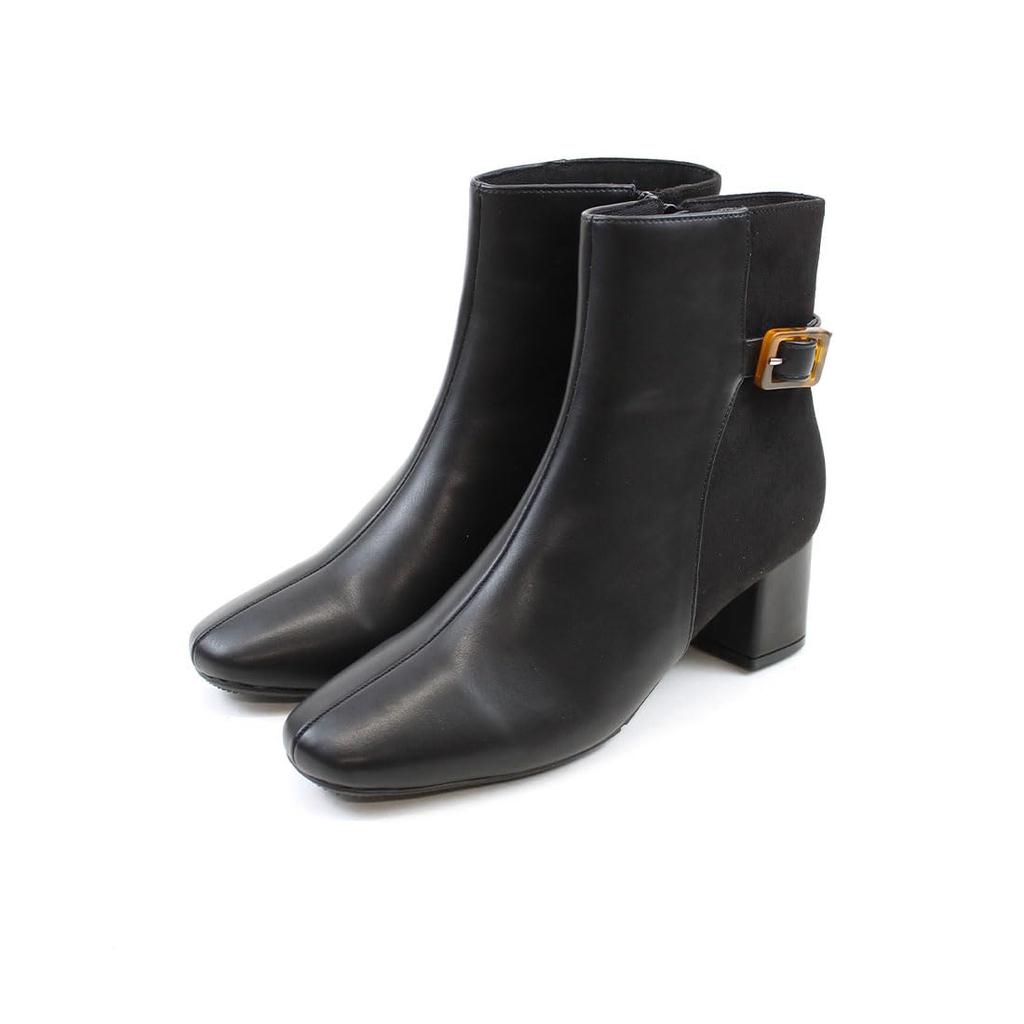 Vivian Fashion Square Toe Tortoiseshell Buckle Belt Short Boots in Black