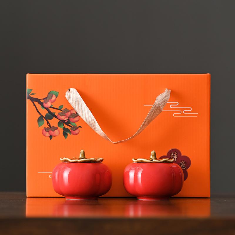 Persimmon tea can Dehua ceramic portable sealed jar moisture-proof tea can creative souvenir wedding happy jar