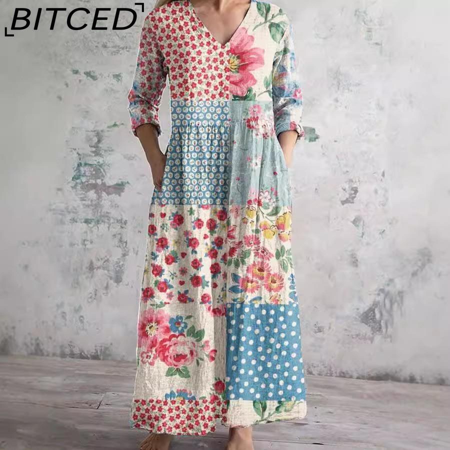 BITCED Women s Fashion-Forward Printed V-Neck Long-Sleeve Pocket Dress S