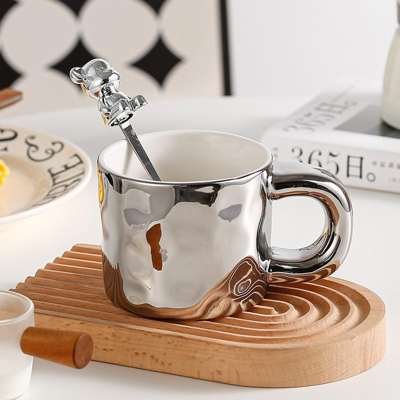 Light Luxury High Value Ceramic Cup with Spoon Electroplated Bear Mug High End Niche Design Cup Export Coffee Cup