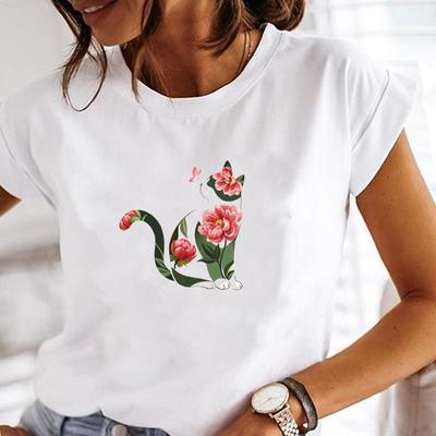 (Rozmiar azjatycki) Damski kot zabawny śliczny kwiatowy nadruk Tee najlepsze ubrania na co dzień z krótkim rękawem Lady Fashion Tshirt damski T-shirt z grafiką