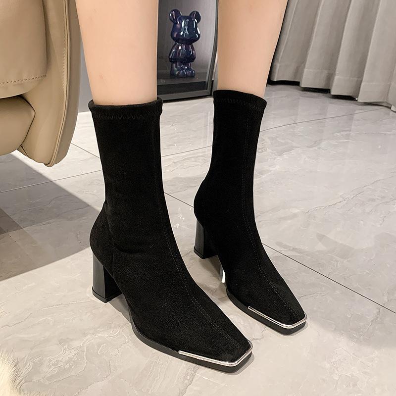 Autumn new thin fashion boots women's 2025 suede short boots women's thick heel square head medium tube elastic socks boots high heel boots