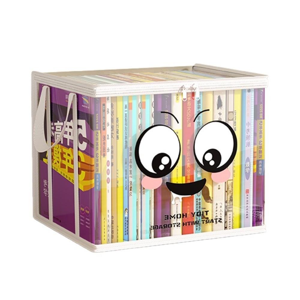 Large Square Book Storage Bag PVC Transparent Zipper Storage Box Joyful Face Pattern Lid Design Multi-Purpose Container