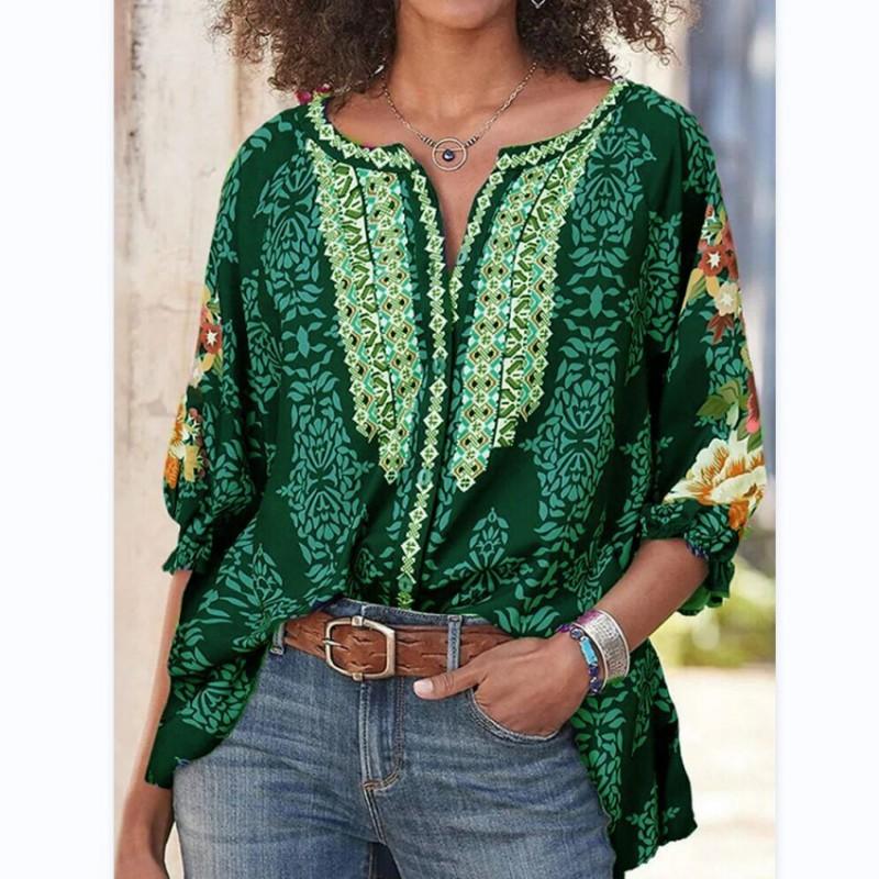 

Round Collar Ethnic Style Large Size Cardigan Bat Sleeves Retro Print Long-sleeved Women M зелений