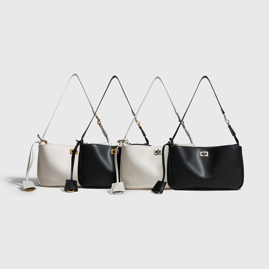 Korean Solid Color Shoulder Bag Underarm Bag Lock Small Square Bag Motorcycle Handbag Bag French Crossbody Bag Simple