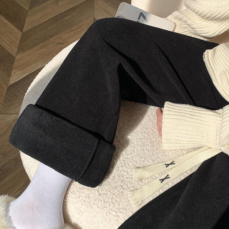 White Chenier Wide Leg Pants Women's Autumn and Winter Fleece High Waist Loose and Skinny Lamb Fleece Straight Casual Pants
