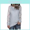 Trim Grey Lace Crew Neck Fitted Tshirt Blended Fabric Hoodie Women Sleeve Long