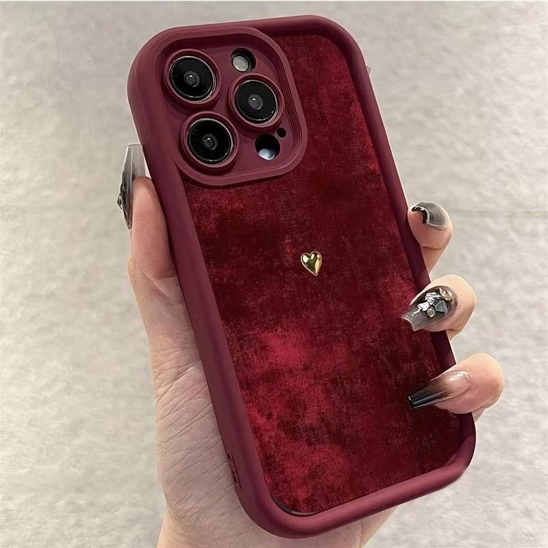 Burgundy Suede With Golden Heart Pattern TPU Soft Case For iPhone 17 16 15 14 Plus 13 12 11 Pro Max 17 Air 16E X XR XS Cover