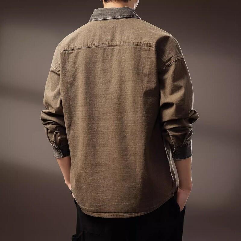 Men's American Retro Color Block Patchwork Loose Long Sleeve Shirt