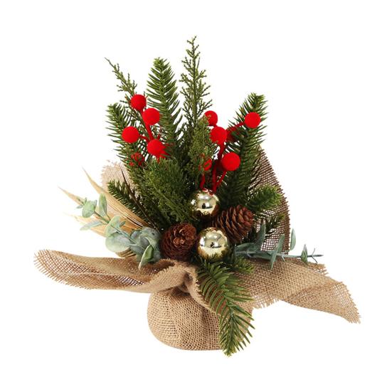 Small Christmas Artificial Plants with Burlap Base Faux Pine Branches with Red Berries/Poinsettias Flower
