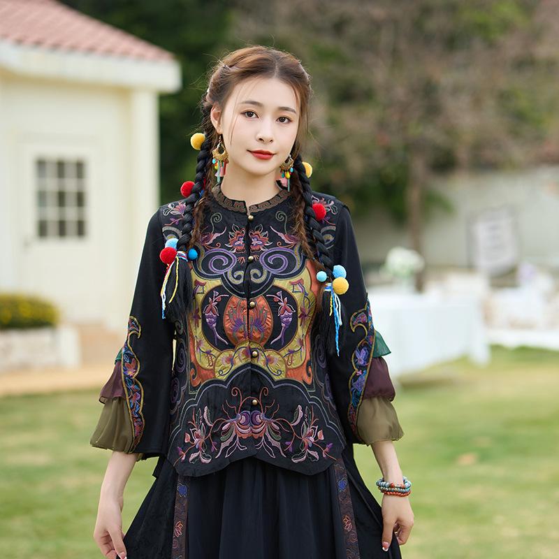 

Women s Retro Yunnan Embroidered Sleeveless Cardigan Vest XXL чорний