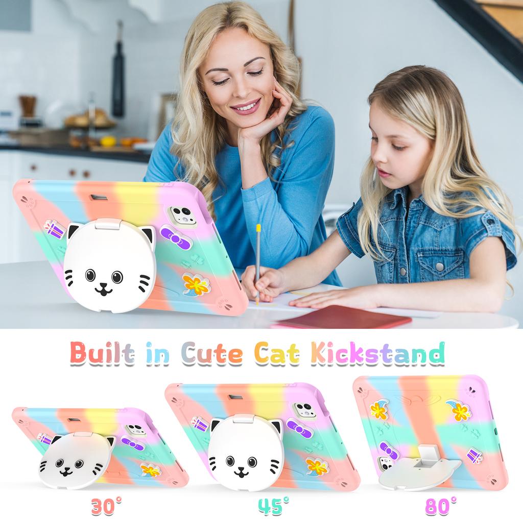 For iPad Pro 11 (2025)/11 (2024) Case with Cat Kickstand PC + Silicone Colorful Tablet Cover