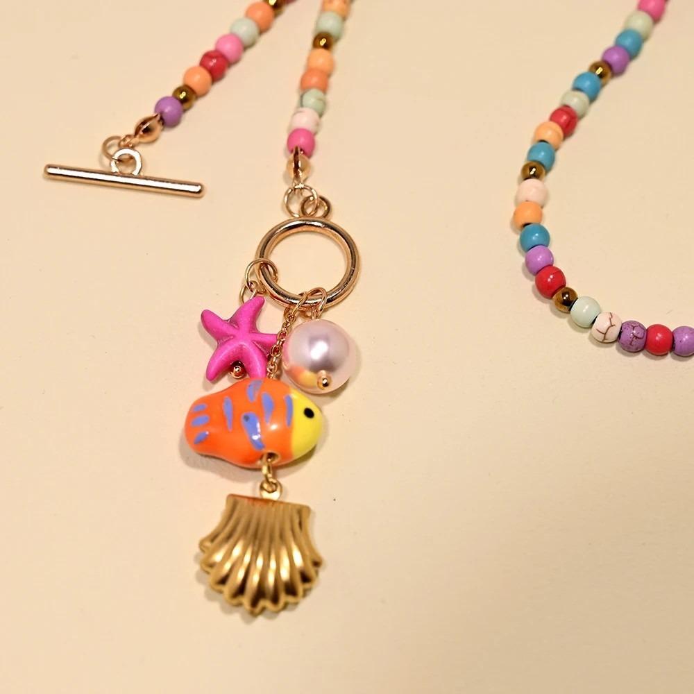 Vacation Style Ceramic Fish Bohemian Pendant Adjustable Rope Faux Pearl Collarbone Chain Boho Choker Jewelry Female Fashion