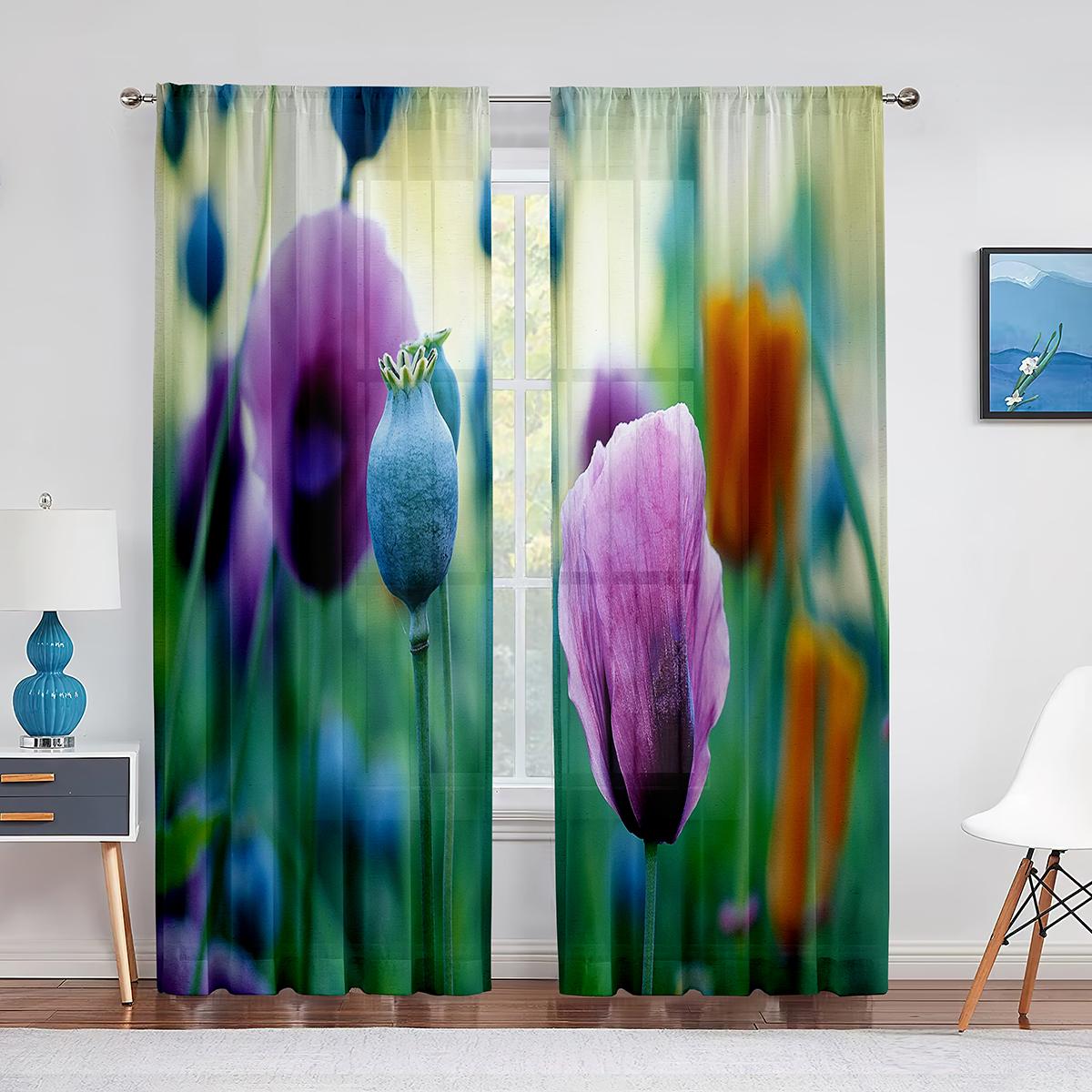 

Красно-оранжевая прозрачная вуаль с цветочным рисунком, занавеска с цветком мака, оконная тюлевая штора для гостиной, спальни, кухни, современный декор 1 PCS W100XH250cm&Grommet Top