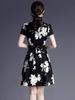Korean Style Women's Elegant Black Slimming Floral V-Neck Short Sleeve Summer Dress
