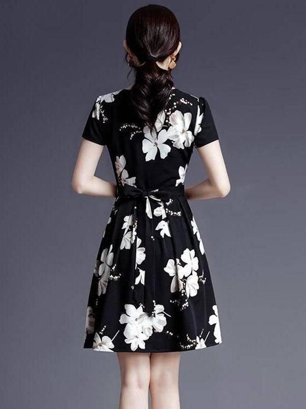 Korean Style Women's Elegant Black Slimming Floral V-Neck Short Sleeve Summer Dress