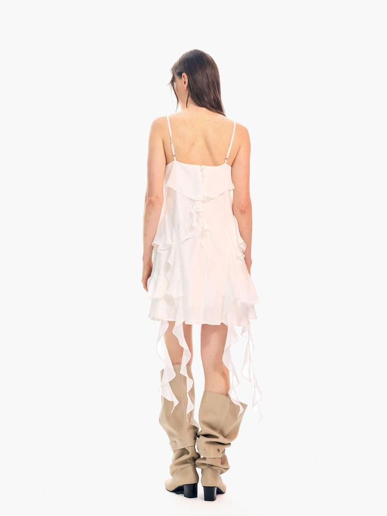 Korean Style Irregular Ribbon Layered V-Neck White Camisole Dress