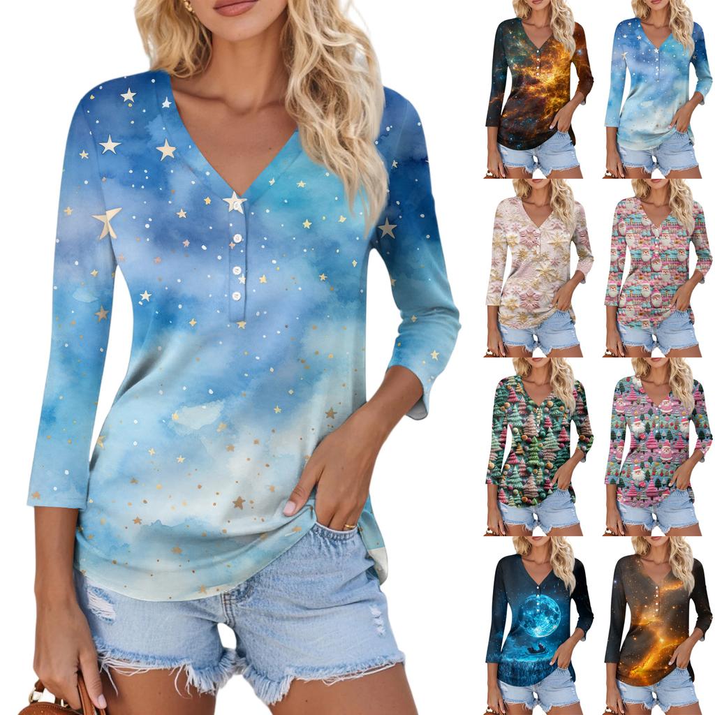 Women's Casual Fashion Sexy Comfortable Christmas Print V-Neck Button Three-quarter Sleeve Top