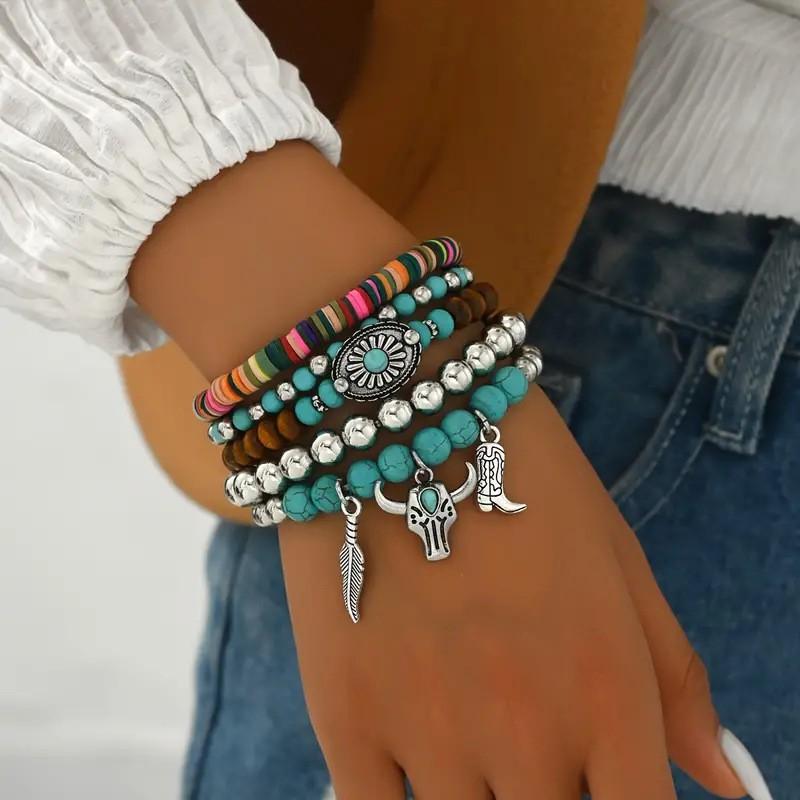 5PCS Boho Beaded Turquoise Bracelet Colorful Western Cowgirl Summer Beach Jewelry