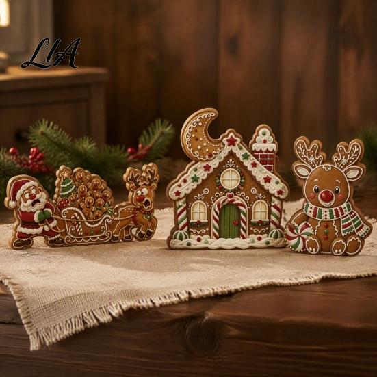 Christmas Party Supplies 3Pcs Gingerbread House/Elk/Santa Claus Ornaments, Tiered Tray Decor, Festive Fireplace Ornaments Rustic Wooden Figurines for