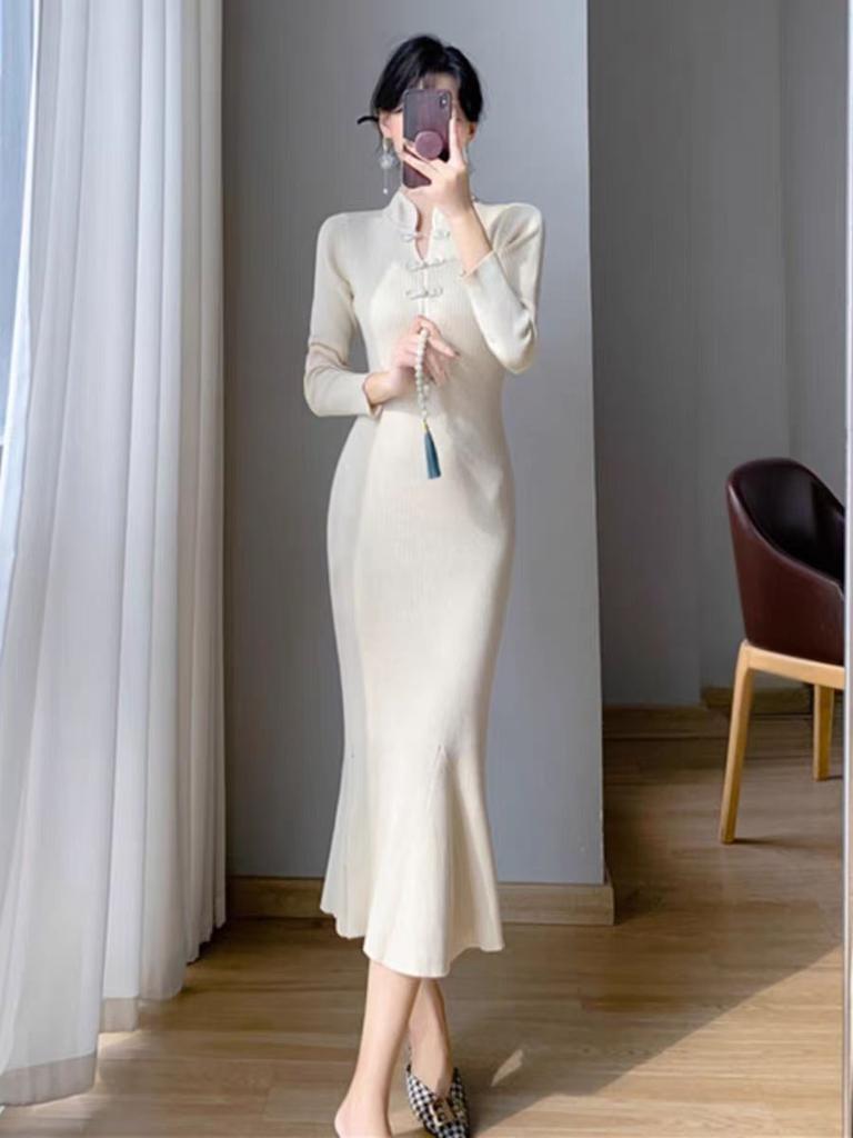 Vintage Red Improved Cheongsam Knitted Dress Muse Fan Elegant Temperament Meat Cover Sweater Bottom Long Dress Large Size