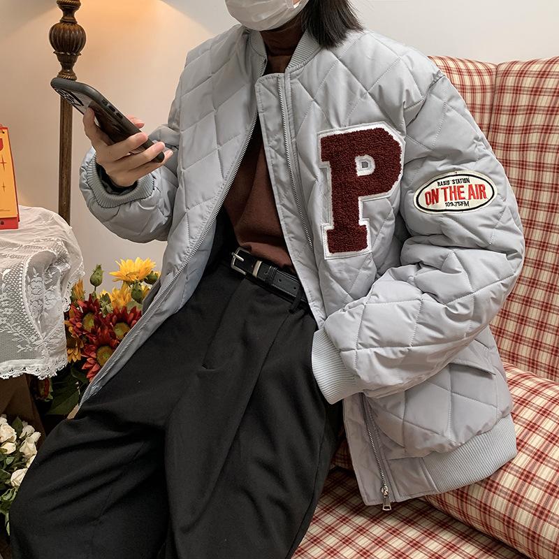 2025 New American Retro Down Padded Jacket Diamond Plaid Baseball Uniform Loose Jacket Women's Autumn and Winter Model