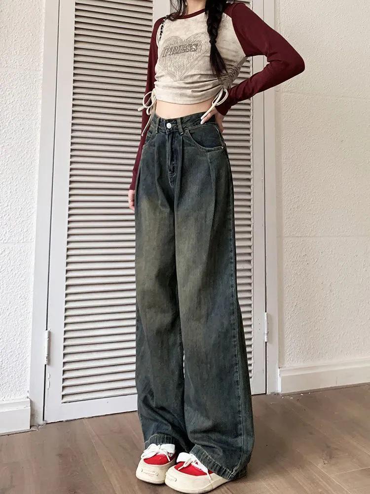 

Женские джинсы цементно-серого цвета с высокой посадкой и широкими штанинами - Весенне-осенние больших размеров, в стиле ретро, стройнящие, прямые, длинные брюки XXL серый