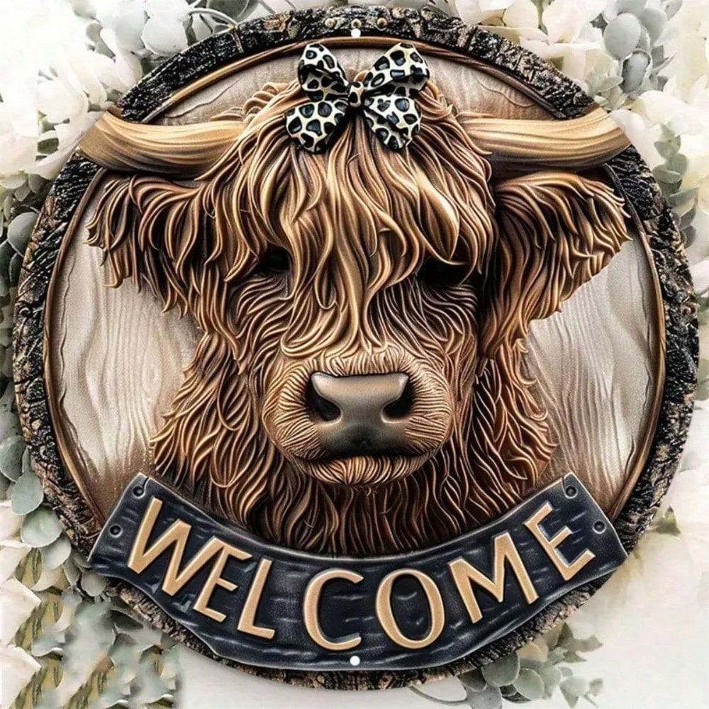 2D Highland Cow Sign Waterproof Metal Wall Art 8x8 Inch Farmhouse Decor