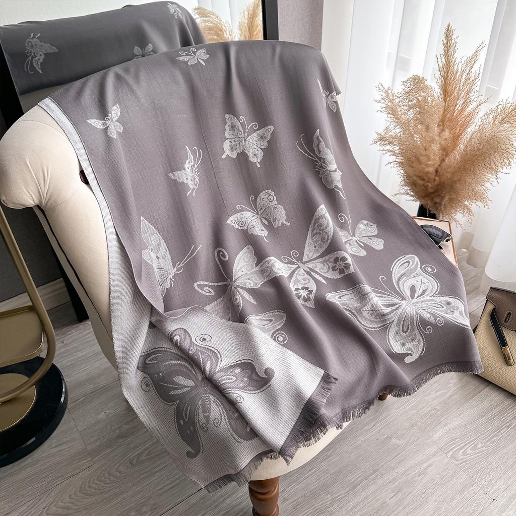 Butterfly Retro Trend Tencel Cotton Women'S Thermal Scarf Double-Sided Two-Color Fashion Shawl Silk Scarf