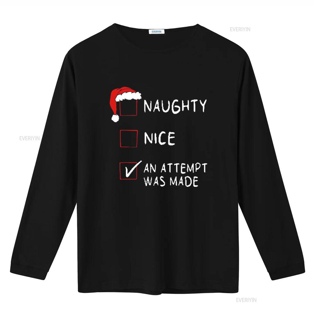 Travesso Bom Uma Tentativa Engraçada Lista Natal Homens Camiseta de Natal Preta Média lavada vintage Versátil streetwear homem Respirável