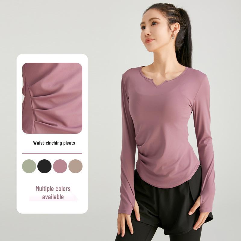 Women's Slimming V-neck Long Sleeve Fitness Top - Solid Color, Versatile for Outdoor and Yoga.