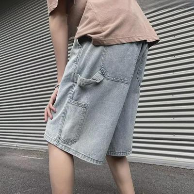 Men's Hip-Hop Denim Shorts - Loose Straight Fit, Solid Color, Casual All-Match Style