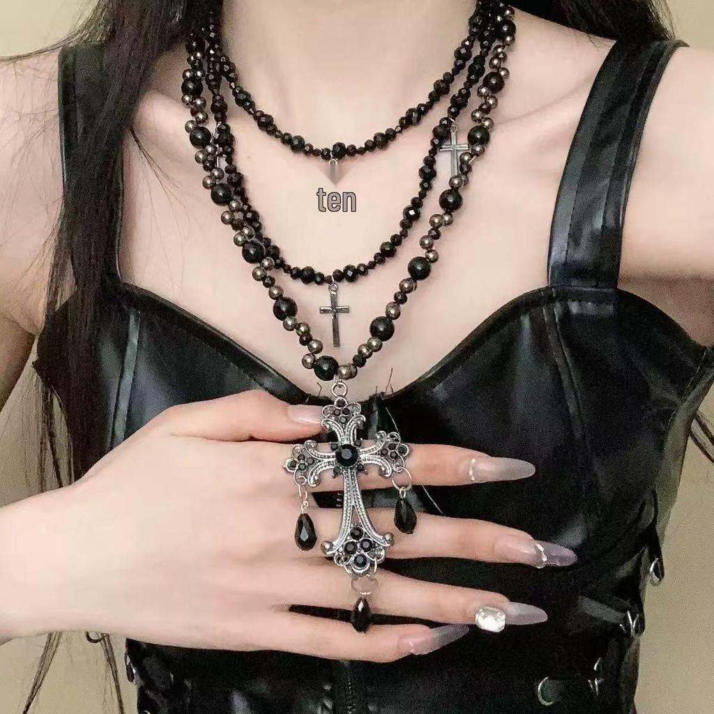 Y2K Gothic Style Black Beaded Cross Necklace & Cool Girl Sweatshirt Accessory